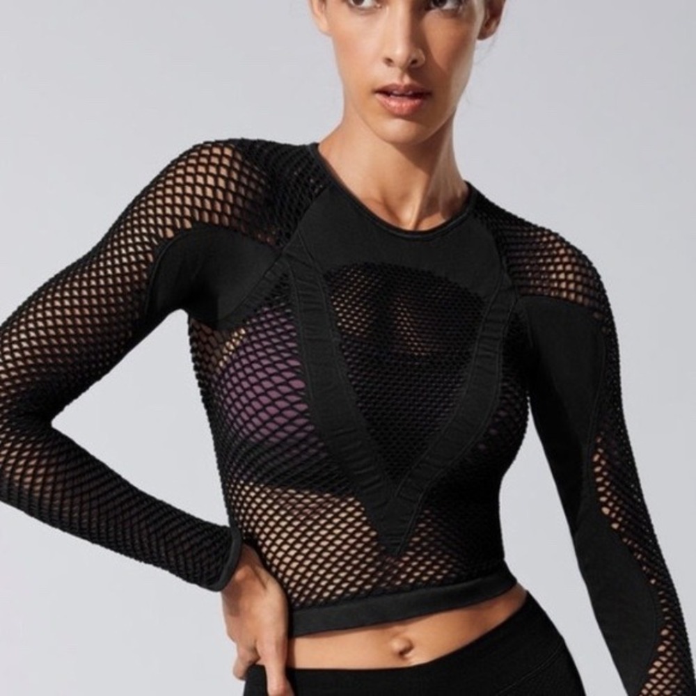 NUX Los Angeles Black Fishnet Long Sleeve Crop‎ Top S/M Workout Athleisure